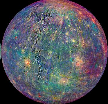 Imagen de Mercurio en colores de acuerdo a sus minerales en superficie, de acuerdo a datos recogidos desde que la nave espacial MESSENGER de la NASA entró en la órbita de Mercurio el 17 de marzo de 2011.  