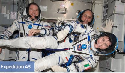 Astronautas de la Misión 43 de la estación Estación Internacional ISS,  Terry Virts, Anton Shkaplerov y Samantha Cristoforetti que se anuncia vuelven a Tierra el 11 de junio de 2015, luego de 6,5 meses en el espacio. (NASA)