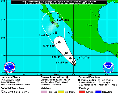Pronósticos de la trayectoria del Huracán Blanca, con el centro del ciclón frente a las costas de Colima y Guerrero el 3 de mayo de 2015. ( NOAA)