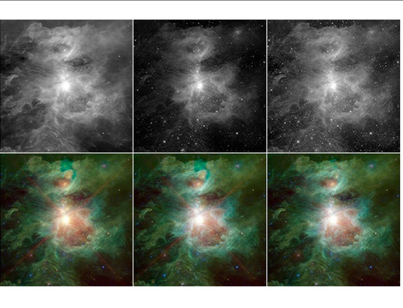 La Nebulosa de Orión, M42, como fue tomada en Enero del 2013, mostrando el proceso para llegar a la composición final en Photoshop. (NASA/JPL-Caltech/UCLA)
