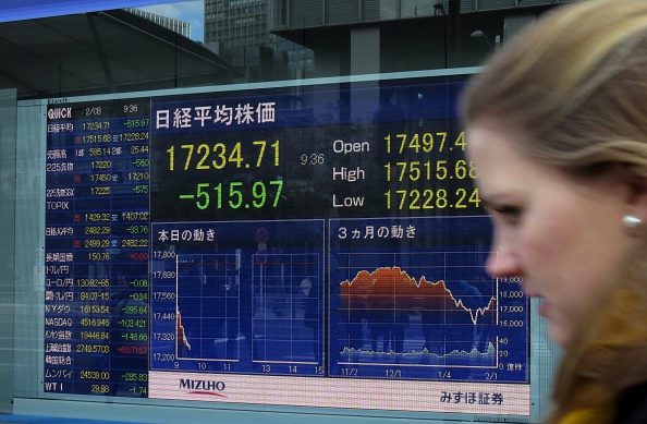 Una tabla de precios de acciones muestra números de la bolsa de Tokio en Tokio en 03 de febrero de 2016. Las acciones de Tokio bajaron casi un tres por ciento en el comercio temprano el 3 de febrero, como un yen más fuerte tomó un bocado de exportadores y después de que los mercados accionarios globales cayeron en otra caída en los precios de crudo. (crédito de foto debe leer KAZUHIRO NOGI/AFP/Getty Images)