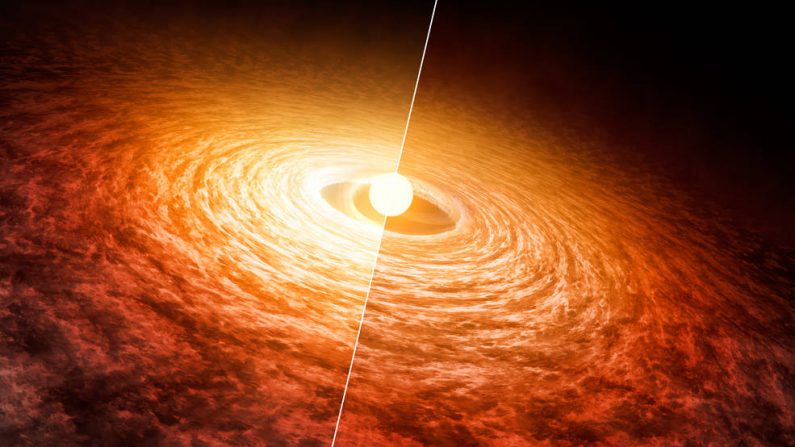 El brillo de la explosión estelar de FU Orionis ha estado disminuyendo lentamente desde su primer brote en 1936. Los investigadores encontraron que se ha atenuado en aproximadamente un 13 % en longitudes de onda infrarrojas cortas a partir de 2004 (izquierda) y 2016 (derecha).
Créditos: NASA / JPL-Caltech
