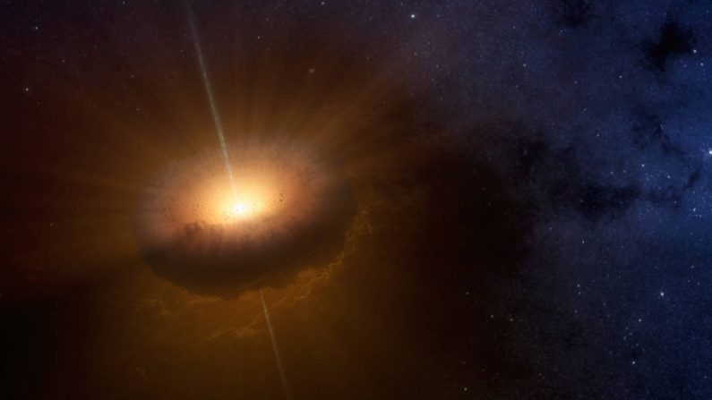 Imagen artística de un objeto inusual denominado CX330 sería una joven estrella en fase de rápido crecimiento, sugiere un grupo de expertos al analizar imágenes infrarrojas captadas por el WISE – NASA, del Jet Propulsion Laboratory, en Pasadena, California, EE.UU.  [Imagen: NASA/JPL-Caltech]