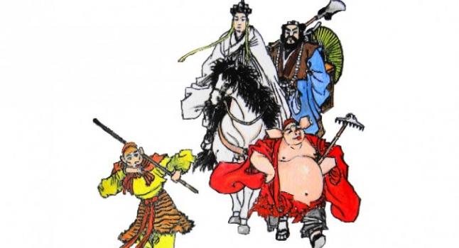 En "Viaje al Oeste", el personaje de ficción Monje Tang. (Xuan Zang) se dirige a la India para traer las escrituras sagradas de regreso a China. Está acompañado por sus tres discípulos Sun Wukong (el Rey Mono), Zhu Bajie (Pigsy), y Sha Wujing (Sandy). (Kiyoka Chu / La Gran Época)