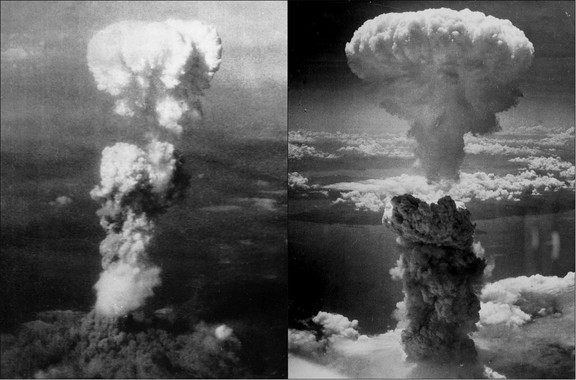 Nubes de hongo sobre Hiroshima (izquierda) y Nagasaki (derecha) tras la explosión de las bombas atómicas 'Little Boy' y 'Fat Man' respectivamente. / Wikipedia
