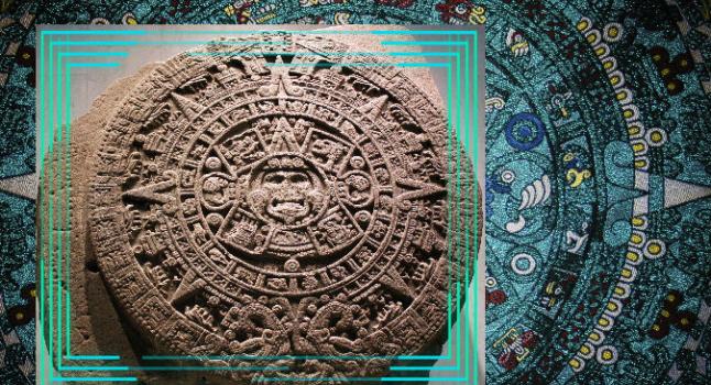 La Piedra del Sol (Piedra de Axayácatl). Representa los 20 días alrededor del Dios Sol. (Anagoria / Wikimedia Commons) Fondo: Calendario maya. (Nikiac / iStock / Thinkstock)
