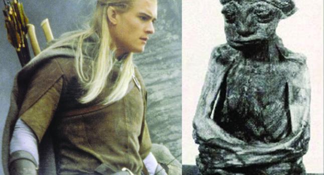 Izquierda: Un personaje elfo en "El señor de los anillos", Legolas, en la película de Peter Jackson. Derecha: una momia encontrada en las montañas de San Pedro en Wyoming que algunos creen pertenece a un elfo. (Wikimedia Commons)