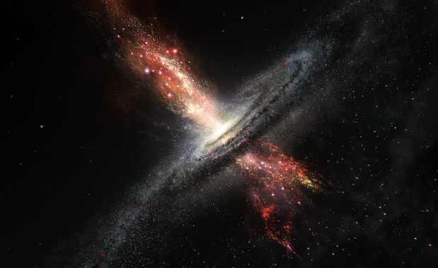 lustración de una galaxia formando estrellas dentro de los potentes chorros de material lanzados por los agujeros negros supermasivos situados en su centro. / ESO/M. Kornmesser