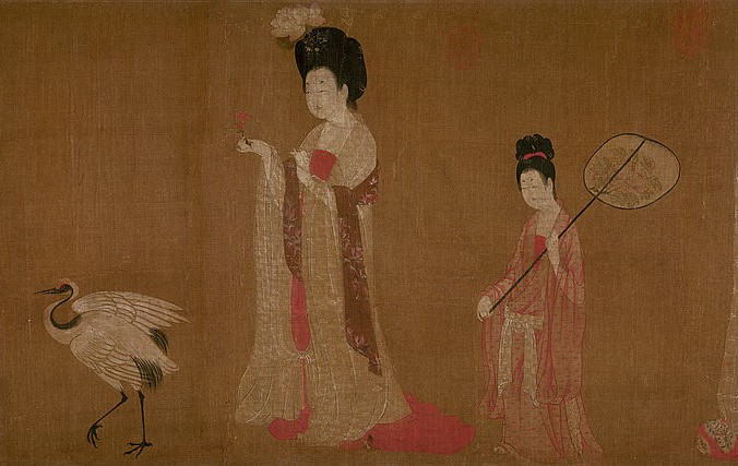 “Damas de la Corte visten tocados floreados”, por ZhouFang. Hechoen seda a mano, 46 por 180 cms. Museo Provincial de Liaoning, provincia de Shenyang, China. (Dominio público)