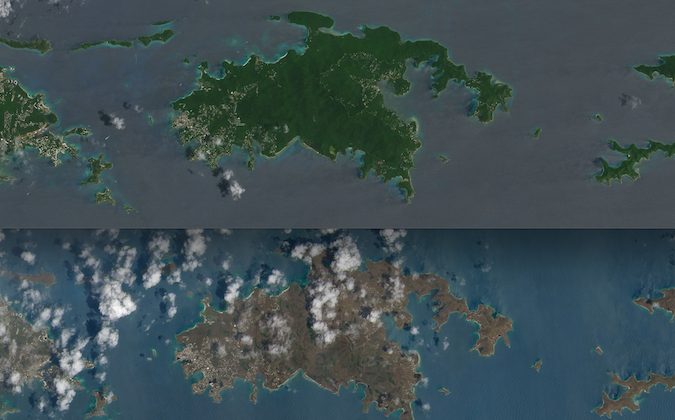 Fotografías antes y después del paso del huracán Irma en la isla de San Juan revelan cambios en el color del Caribe. (Collage con fotos del satélite Landsat 8 de la NASA)