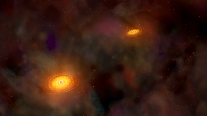 Ilustración del par de agujeros negros supermasivos. (NASA / CXC / A.Hobart)
