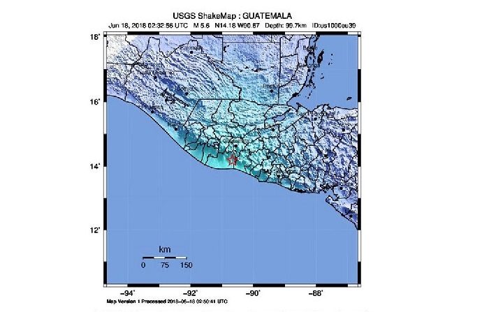 Una foto del folleto publicada por el Servicio Geológico de los Estados Unidos. (United States Geological Survey) muestra la ubicación de un terremoto de magnitud 5.6 que sacudió a una profundidad de 99.7 km debajo de la superficie, cerca de Guanagazapa, Guatemala, el 17 de junio de 2018 (emitido el 18 de junio de 2018). No hay informes de muertes o daños tras el terremoto. (Terremoto/sismo, Estados Unidos) EFE/EPA/USGS / Handout Handout EDITORIAL USE ONLY/NO SALES