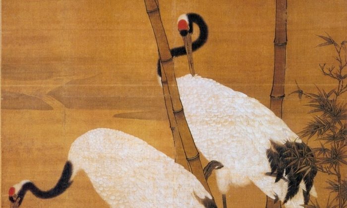 “Bambú y grullas”, principios de la dinastía Ming, de Bian Jingzhao. Dos grullas inmortales llevaron volando a Long Heng y a su esposa al Cielo. (Dominio Público)