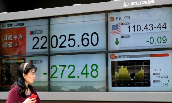 Un peatón pasa frente a una pantalla electrónica que muestra los precios de las acciones de la Bolsa de Valores de Tokio (izq.) y el tipo de cambio entre el yen y el dólar estadounidense (der.) en Tokio, el 13 de agosto de 2018. (Kazuhiro Nogi/AFP/Getty Images)