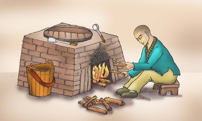 El joven monje tenía que hacer tareas como ir a buscar agua, hacer fuego, cocinar y limpiar todos los días. (Ilustración de Sun Mingguo/La Gran Época)