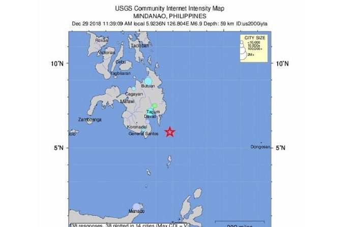  El 29 de diciembre de 2018, el Servicio Geológico de los Estados Unidos puso a disposición un mapa de intensidad de la ayuda que muestra la ubicación de un terremoto de magnitud 6,9 que sacudió la costa de Davao, en Filipinas. (Terremoto/sismo, Filipinas, Estados Unidos) EFE/EPA/UNITED STATES GEOLOGICAL SERVICE / Handout Handout EDITORIAL USE ONLY/NO SALES