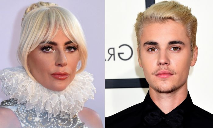 Lady Gaga en el estreno de “A Star is Born” en Londres, el 27 de septiembre de 2018. (Anthony Harvey/ AFP/Getty Images) y Justin Bieber en la 58ª edición de los Premios Grammy en Los Ángeles, el 15 de febrero de 2016. (Jason Merritt/Getty Images)