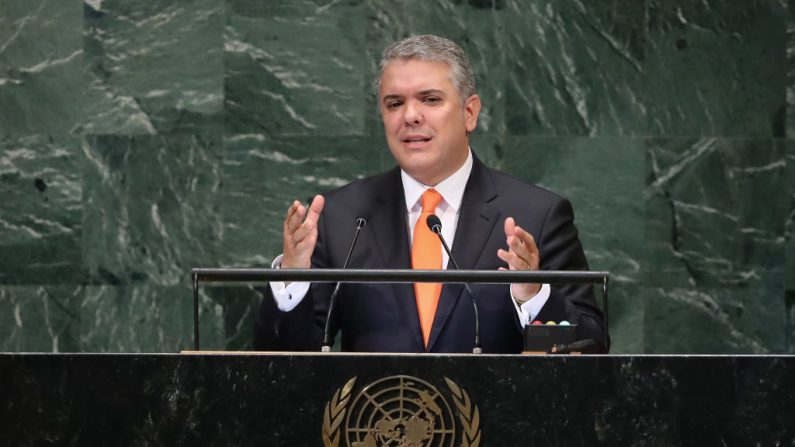 El presidente de Colombia, Ivan Duque Márquez, se dirige a la Asamblea General de las Naciones Unidas el 26 de septiembre de 2018 en la sede de la ONU en Manhattan. (John Moore / Getty Images)
