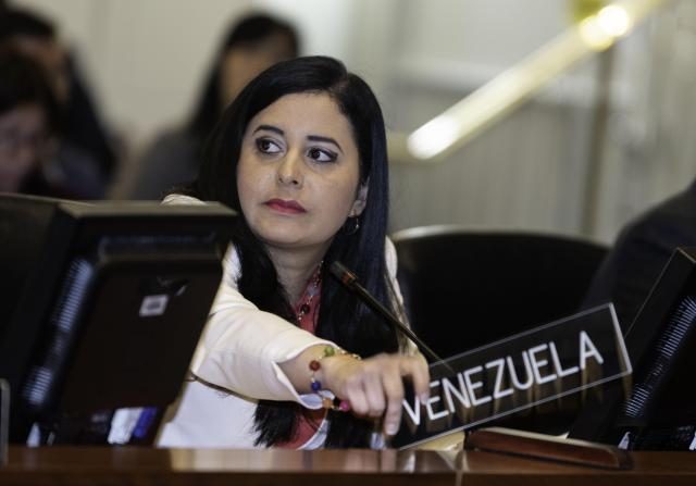 Exrepresentante de Venezuela, Asbina Ixchel Marin Sevilla, mientras habla con la placa levantada en señal de voto en contra, durante una reunión del Consejo Permanente en la sede del organismo en Washington. EFE/Juan Manuel Herrera/OEA