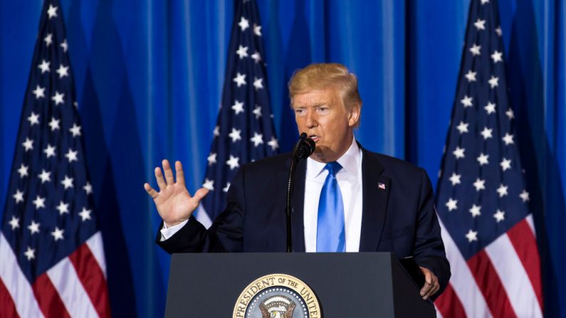 El presidente de Estados Unidos, Donald Trump, habla durante una conferencia de prensa después de la Cumbre del G-20 el 29 de junio de 2019 en Osaka, Japón. (Tomohiro Ohsumi/Getty Images)