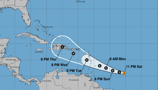 La Tormenta Tropical Dorian al sureste de las Antillas menores el domingo 25 de agosto de 2019. (NHC-NOAA)