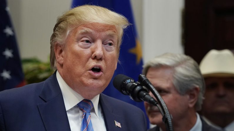 El presidente de Estados Unidos, Donald Trump, pronuncia un discurso sobre un acuerdo comercial con la Unión Europea en la Sala Roosevelt de la Casa Blanca el 2 de agosto de 2019 en Washington, DC. (Chip Somodevilla/Getty Images)
