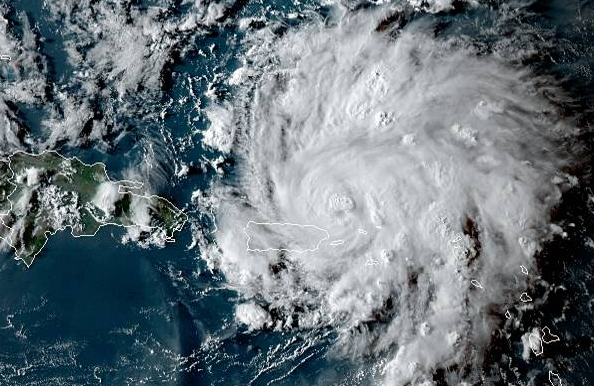 Huracán Dorian con vientos de 130 km /hora la tarde del 28 de agosto de 2019 (GOES)