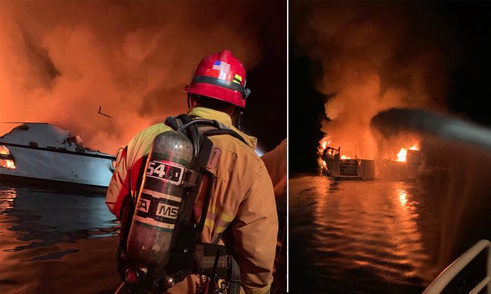 El Departamento de Bomberos del Condado de Ventura responde a un incendio en un bote en el lado norte de la Isla Santa Cruz el 2 de septiembre de 2019. (Cortesía del Departamento de Bomberos del Condado de Ventura)