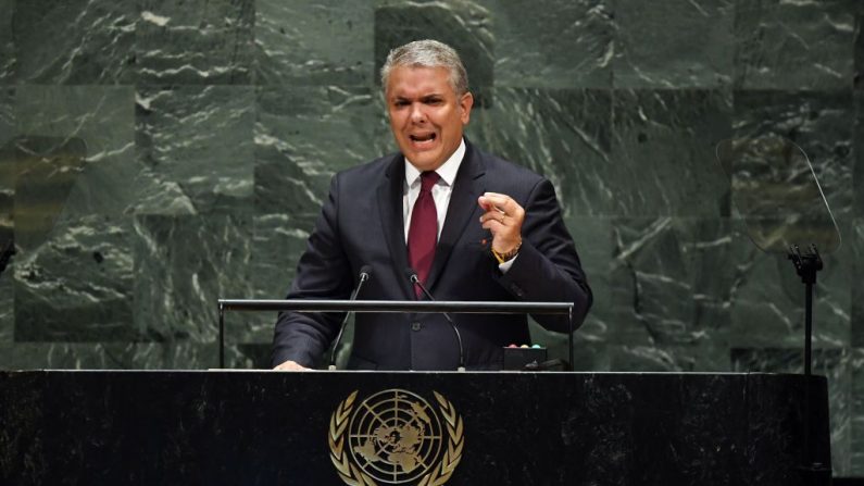 El presidente colombiano Iván Duque Márquez habla durante la 74ª Sesión de la Asamblea General en la sede de las Naciones Unidas en Nueva York el 25 de septiembre de 2019. (TIMOTHY A. CLARY/AFP/Getty Images)
