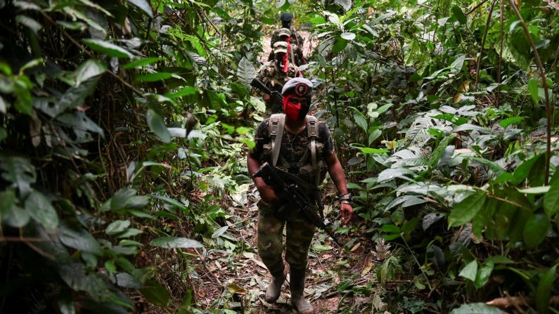 Membros da frente de Ernesto Che Guevara, pertencentes às guerrilhas do Exército de Libertação Nacional (ELN), patrulham a selva, no departamento de Chocó, na Colômbia, em 23 de maio de 2019 (RAUL ARBOLEDA / AFP / Getty Images)