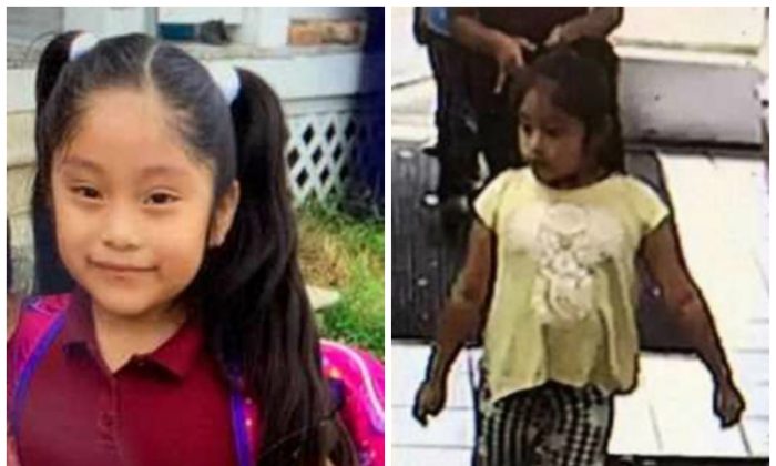 Dulce Alavez, de 5 años de edad, en una foto de archivo a la izquierda y en una tienda de comestibles, tomando helado el 16 de septiembre de 2019, poco antes de que la sacaran de un patio de recreo en Bridgeton, Nueva Jersey. (FBI)