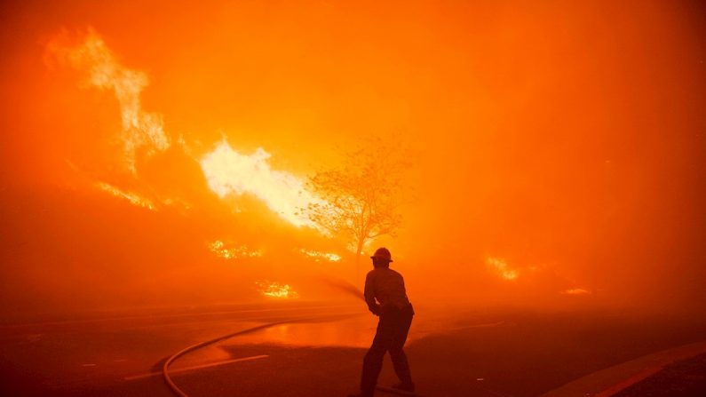 Bomberos de la Estación del Cañón de Texas de ANF combaten las llamas del incendio de Saddlebridge en Sylmar, California, Estados Unidos, el 10 de octubre de 2019. EFE/EPA/CHRISTIAN MONTERROSA
