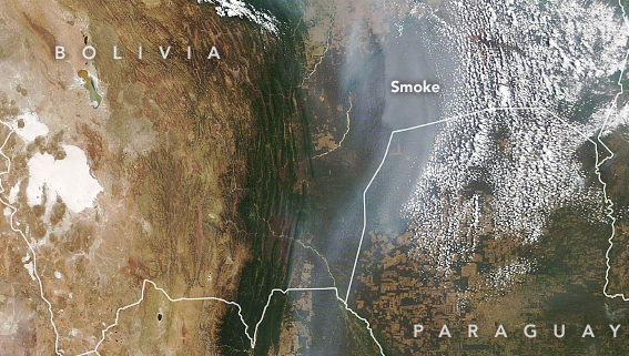 Río de humo se observa desde el cielo por los vastos incendios del Amazonia de Bolivia (NASA Earth Observatory por Lauren Dauphin, utilizando datos MODIS de NASA EOSDIS / LANCE y GIBS / Worldview)
