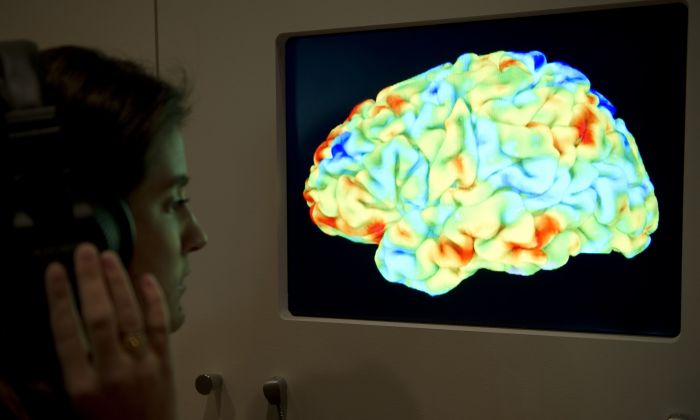 Uma mulher observa uma ressonância magnética funcional (fMRI) que mostra no cérebro humano o efeito da Consagração da Primavera de Stravinsky e a Crítica do Julgamento de Kant durante a nova e principal exposição da Coleção Wellcome “Cérebro: mente de matéria ”em Londres, em 27 de março de 2012 (MIGUEL MEDINA / AFP / Getty Images)
