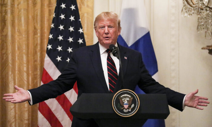 El presidente Donald Trump en una conferencia de prensa en la Sala Este de la Casa Blanca en Washington el 2 de octubre de 2019. (Charlotte Cuthbertson/La Gran Época)