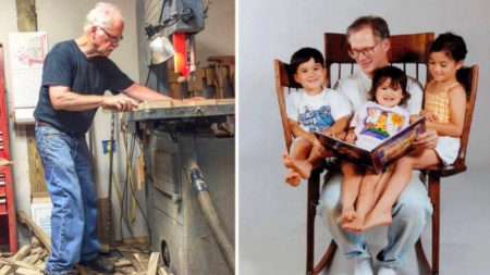 Papá construye una silla mecedora única de tres asientos para que pueda leerle a sus 3 hijos