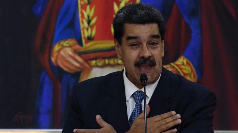 Venezuelan President Nicolas Maduro gestures as he speaks during the Simon Bolivar national journalism award ceremony at Miraflores presidential palace in Caracas on June 27, 2019. (Photo by Yuri CORTEZ / AFP)        (Photo credit should read YURI CORTEZ/AFP/Getty Images)