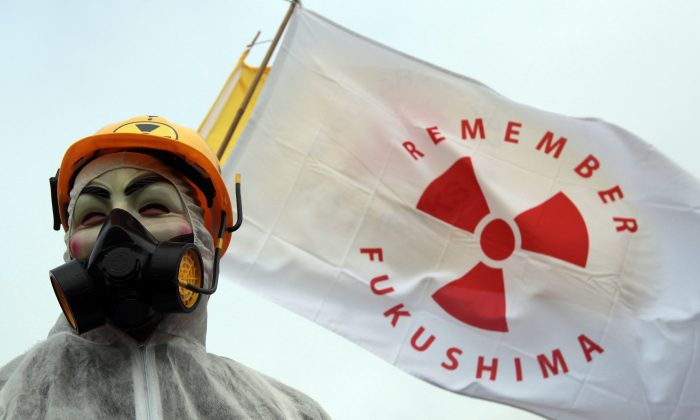 Un manifestante enmascarado frente a banderas en las puertas de la central nuclear de Hinkley Point para conmemorar el primer aniversario del desastre de Fukushima en Japón, cerca de Bridgewater, Inglaterra, el 10 de marzo de 2012. (Matt Cardy/Getty Images)