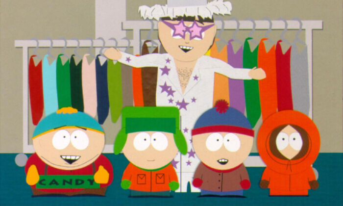 Los personajes del programa de dibujos animados "South Park", incluyendo a Elton John (atrás) con (de derecha a izquierda) Kenny, Stan, Kyle y Cartman, en un episodio de 1998. (Getty Images)