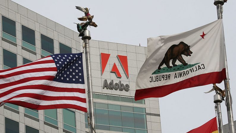 El logotipo de Adobe se muestra en el lateral de la sede central de Adobe Systems el 15 de enero de 2010 en San José, California. (Justin Sullivan/Getty Images)
