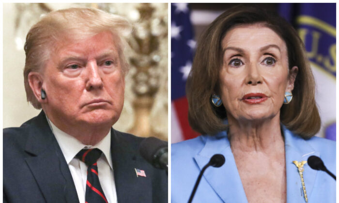 El presidente Donald Trump (izq.) y la presidenta de la Cámara de Representantes, Nancy Pelosi. (Charlotte Cuthbertson/La Gran Época)