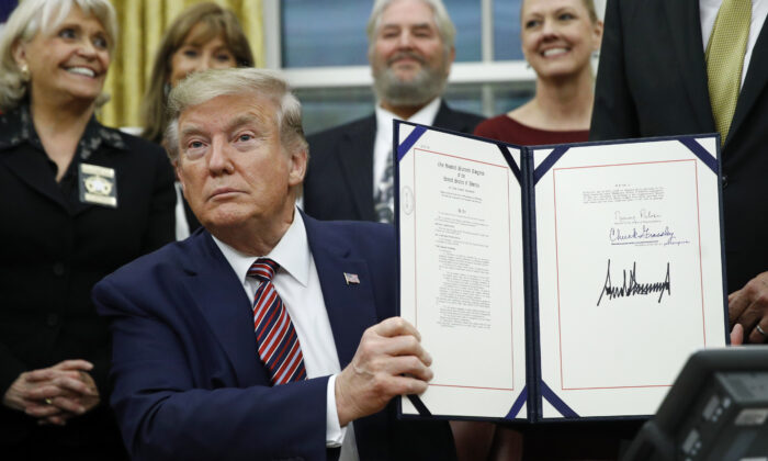 O presidente Donald Trump exibe a Lei de Prevenção à Crueldade e Tortura Animal após assiná-la durante uma cerimônia no Gabinete Oval da Casa Branca, em 25 de novembro de 2019 (Patrick Semansky / AP Photo)