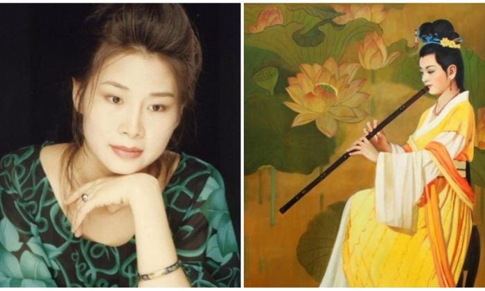 Zheng Aixin (à esquerda) e uma pintura que ela enviou ao Concurso Internacional de Pintura de Figuras Humanas, um evento mundial de arte cultural realizado anualmente pela New Tang Dynasty Television (Minghui.org)