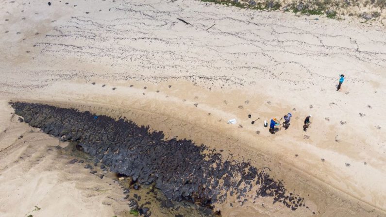 En la vista de un dron se ven voluntarios retirando el crudo derramado en la playa de Pocas, municipio de Conde, estado de Bahía, Brasil, el 27 de octubre de 2019. (MATEUS MORBECK/AFP vía Getty Images)
