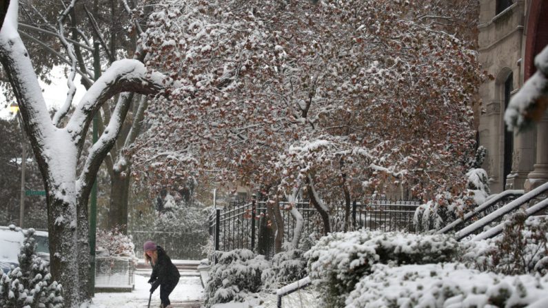 Un residente limpia la nieve de su acera en el vecindario de Wicker Park el 11 de noviembre de 2019 al comienzo de la ola de frío en Chicago, Illinois. Las temperaturas cayeron a alrededor de diez grados Fahrenheit por mañana. (Scott Olson / Getty Images)