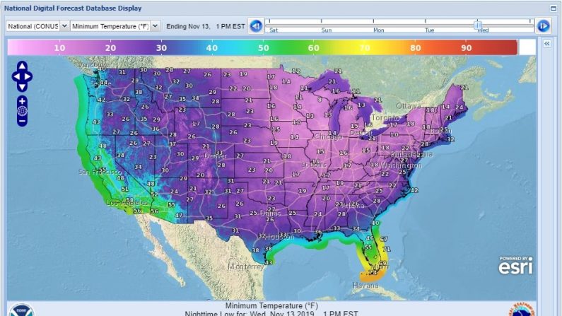 Predicción del Servicio Meteorológico Nacional que muestra las bajas temperaturas en los Estados Unidos para el martes 12 de noviembre. (Imagen: Servicio Meteorológico Nacional)