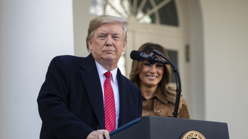 El Presidente Donald Trump habla antes de dar un indulto presidencial a,l pavo Butter el Día Nacional de Acción de Gracias en el Jardín de Rosas de la Casa Blanca el 26 de noviembre de 2019. (Drew Angererer/Getty Images)