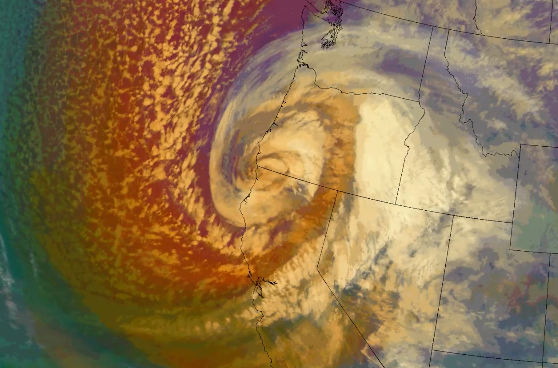 Ciclón del Pacífico toca tierra en Oregon en la frontera con California arrojando fuertes vientos y nevadas. (GOES)