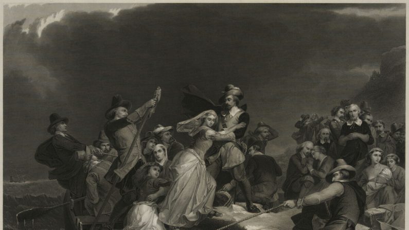 "Desembarco de los peregrinos en Plymouth Rock, 1620", grabado de Joseph Andrews, circa 1869. (Dominio público)
