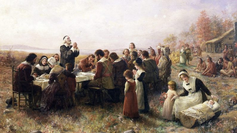 El primer Día de Acción de Gracias en Plymouth, óleo sobre tela, por Jennie Augusta Brownscombe, 1914. (Dominio Público)
